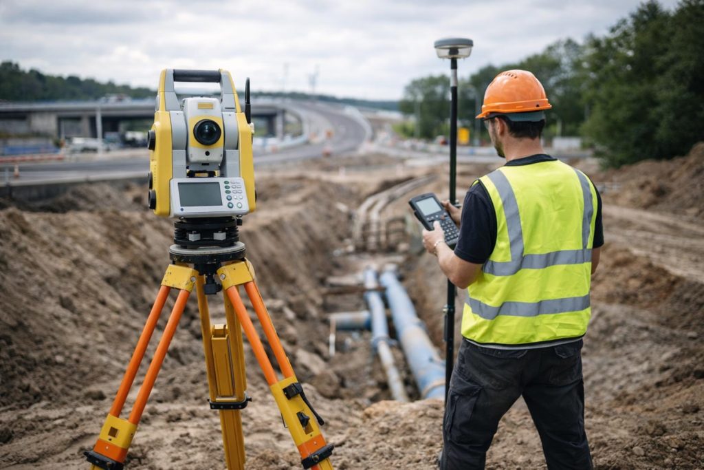 Mätning med totalstation och GNSS-utrustning vid infrastrukturprojekt i fältmiljö.