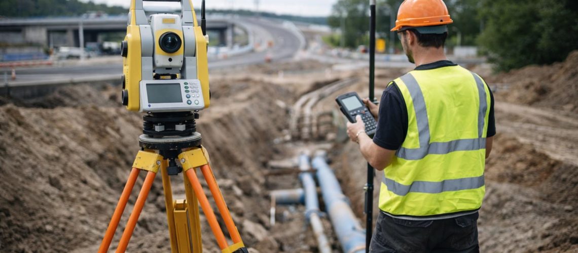 Mätning med totalstation och GNSS-utrustning vid infrastrukturprojekt i fältmiljö.
